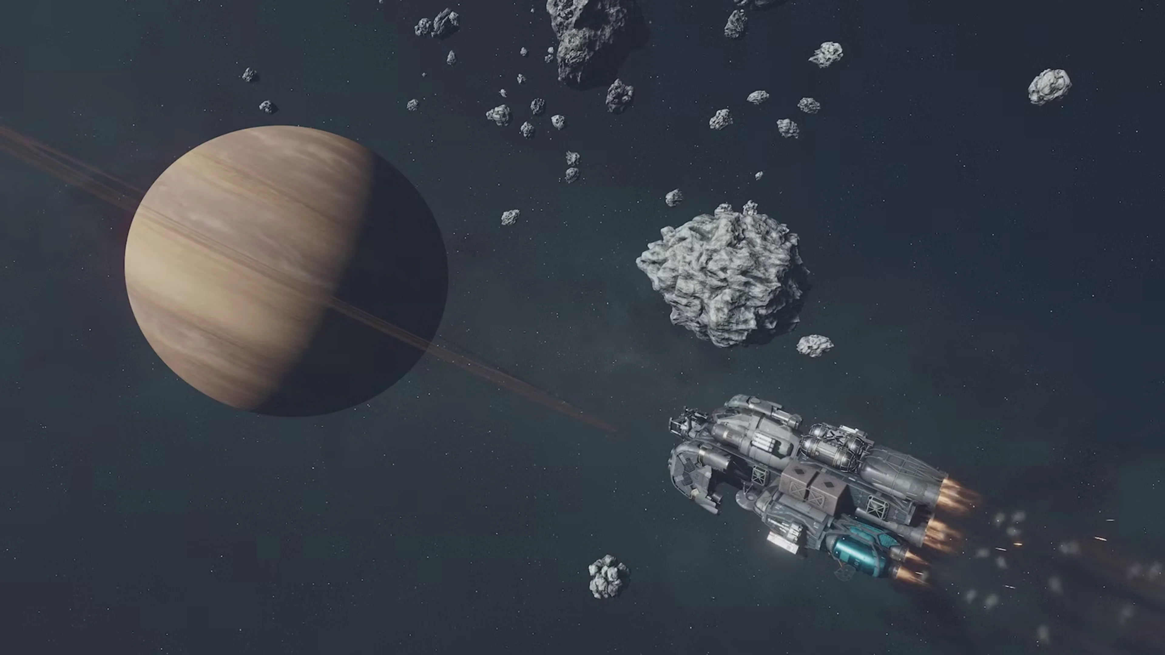 A Starfield spaceship flies through an asteroid field near a massive beige planet with faint rings against a dark starry sky.