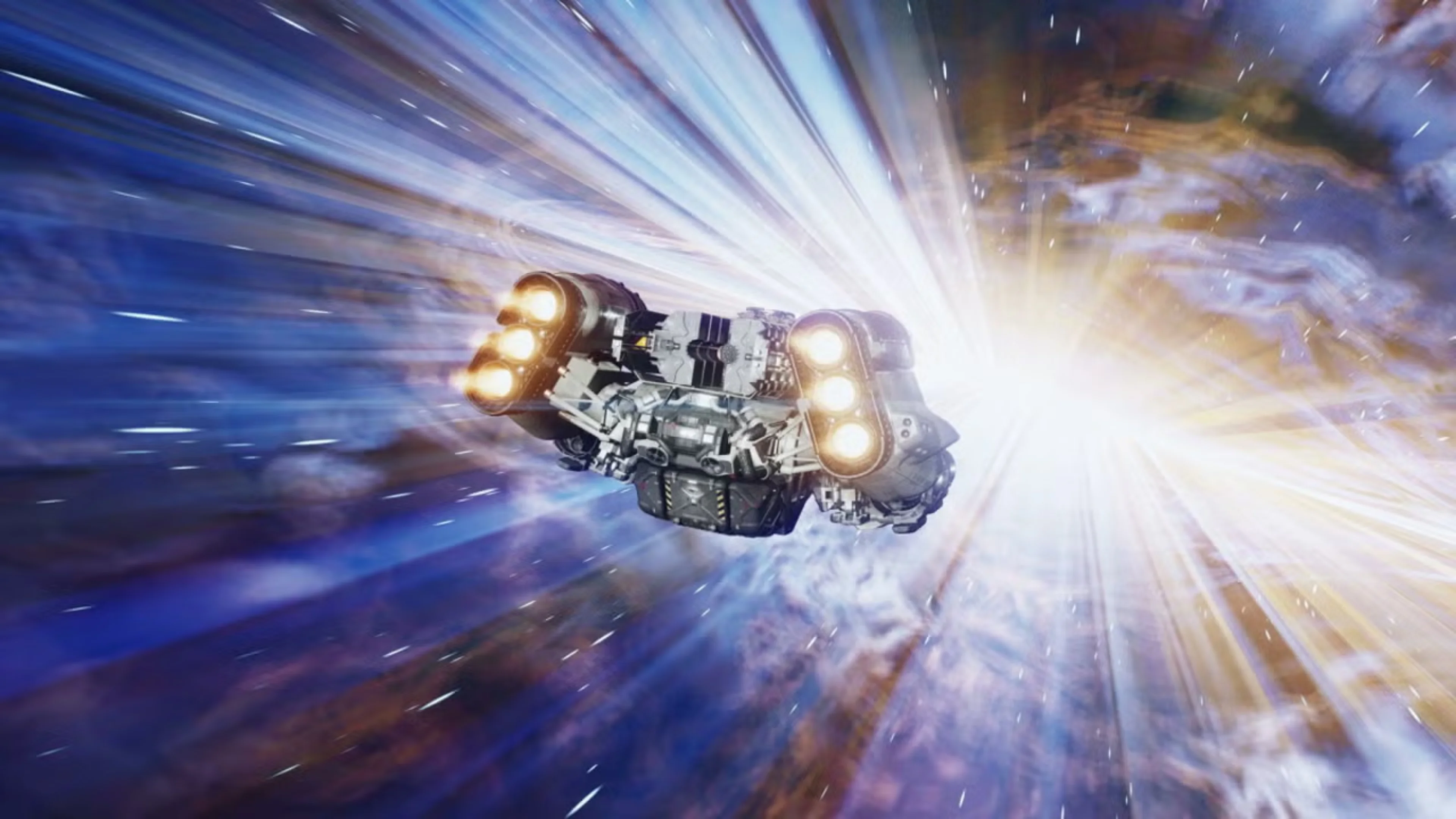 A Starfield spaceship travels through a bright blue and white grav jump tunnel with glowing engines and streaks of light.