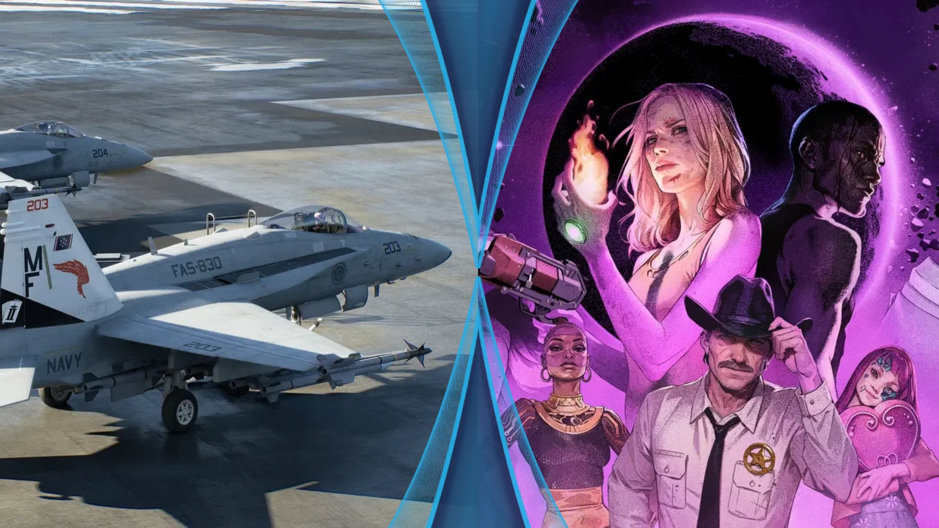 Ace Combat 8 fighter jets on a runway beside illustrated Judas characters in a split promotional composition.