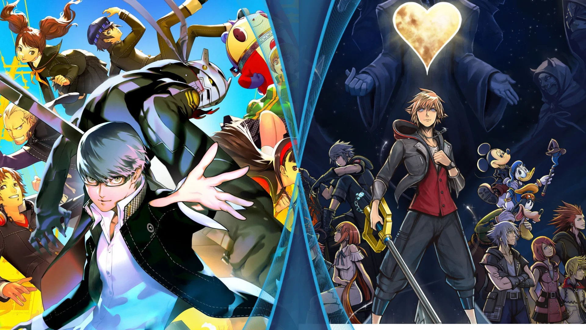Persona characters appear on the left beside Kingdom Hearts characters and a heart-shaped moon on the right.