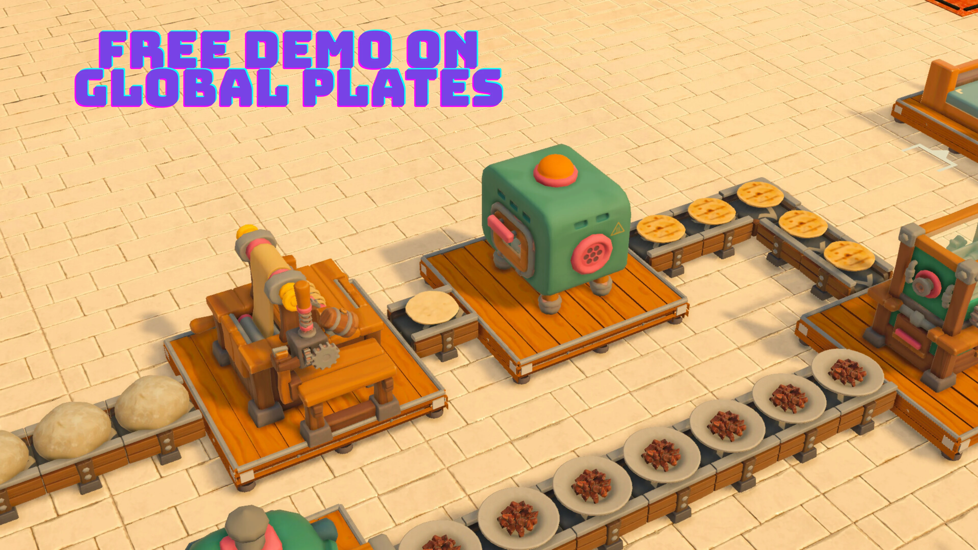 Global Plates gameplay showing automated cooking machines and conveyor belts preparing food beneath a free demo announcement.