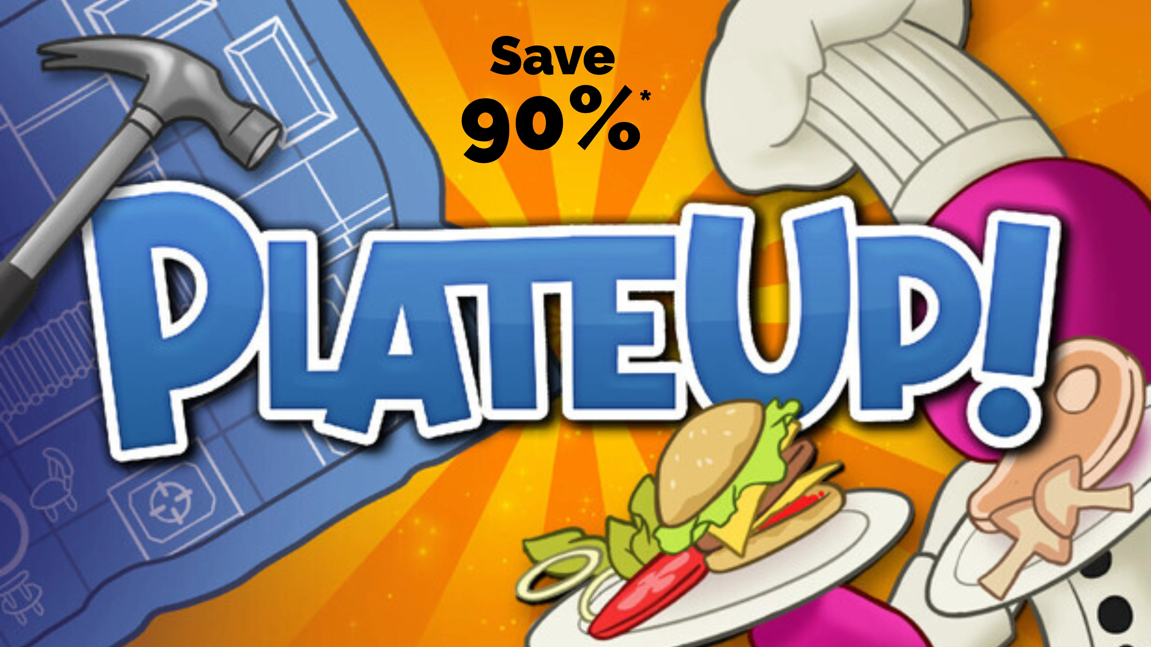 PlateUp promotional artwork advertising a 90% discount, with the game logo, a chef's hat, cooking utensils and plated food.