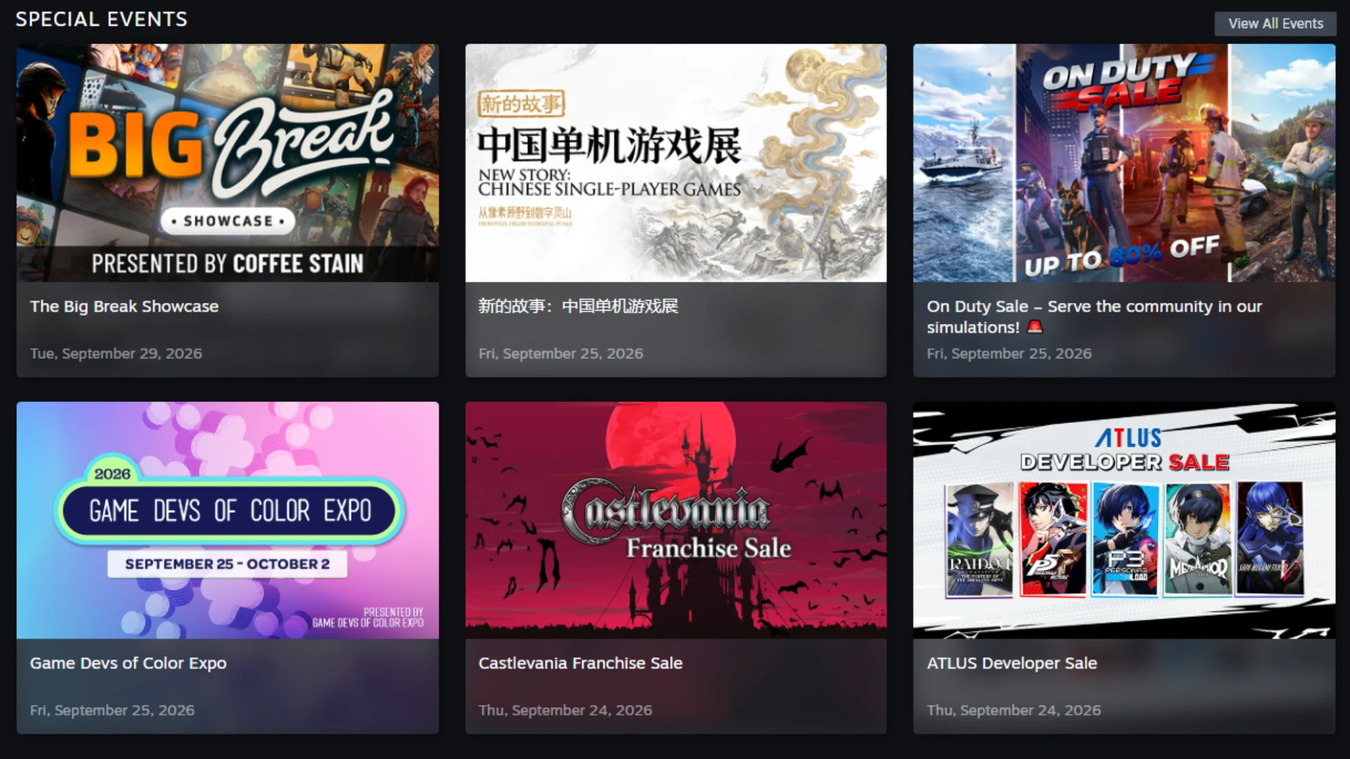 Steam Special Events section showing game showcases, developer sales and franchise promotions.