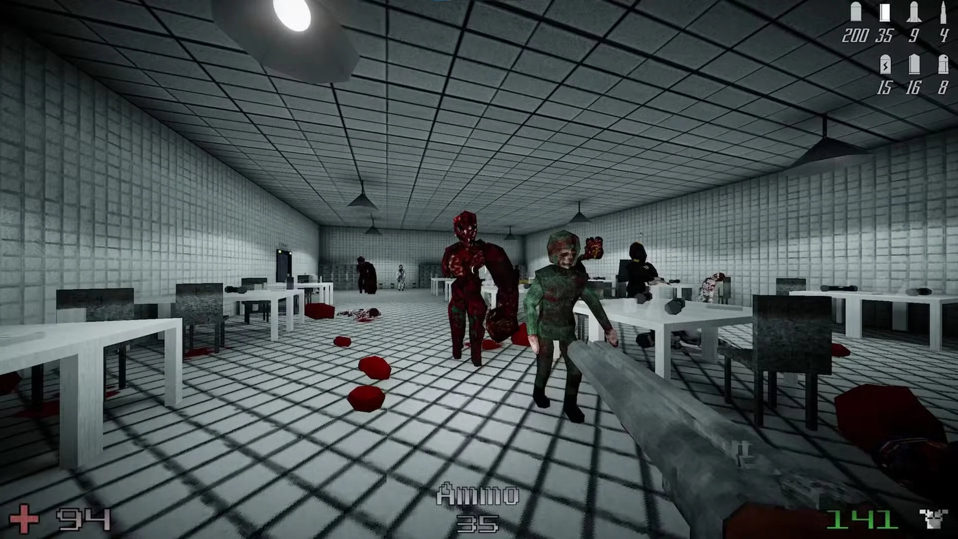 A Deadshot player aims a pistol at mutants inside a tiled laboratory filled with tables and debris.