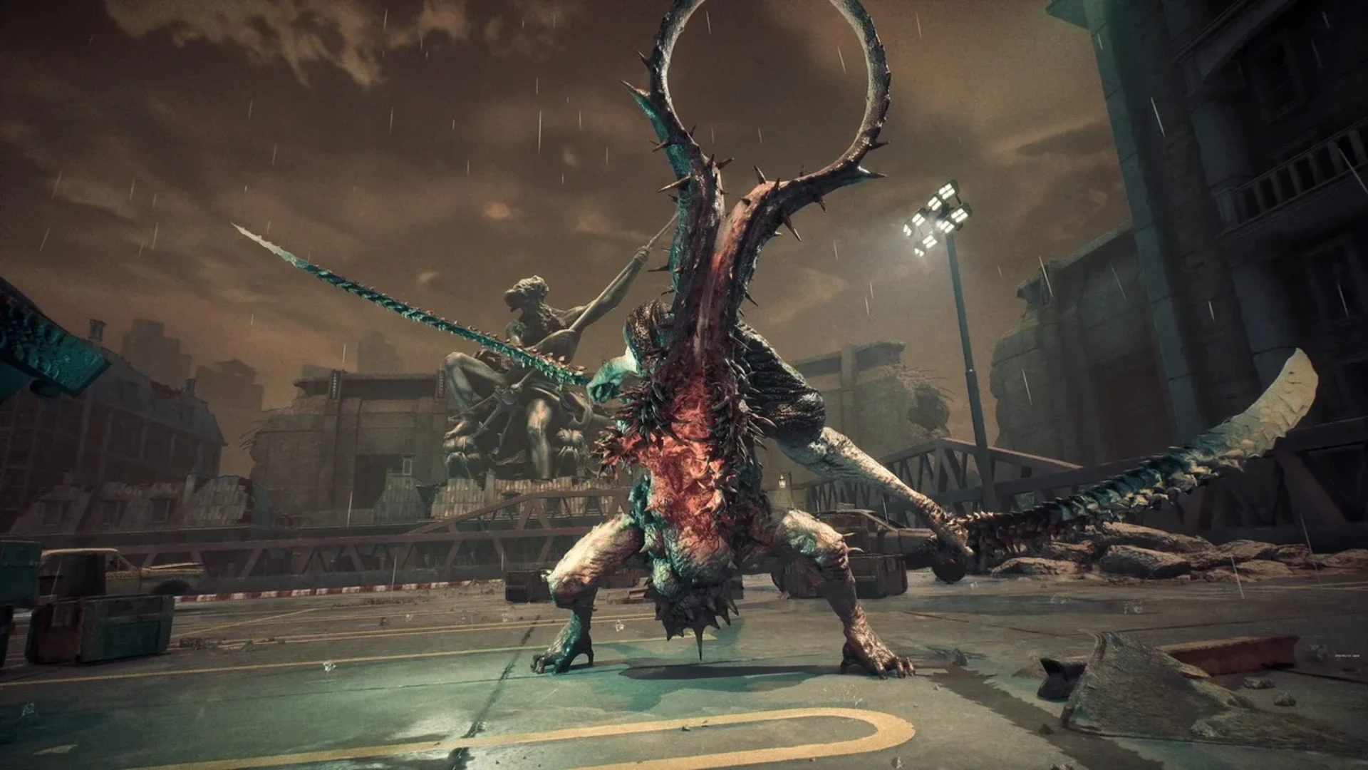 A giant horned Naytiba stands in a ruined rain-soaked urban area in Stellar Blade.