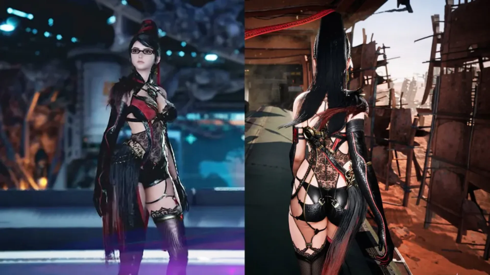Eve wears the Black Tresses Bayonetta collaboration outfit in front and rear views from Stellar Blade.