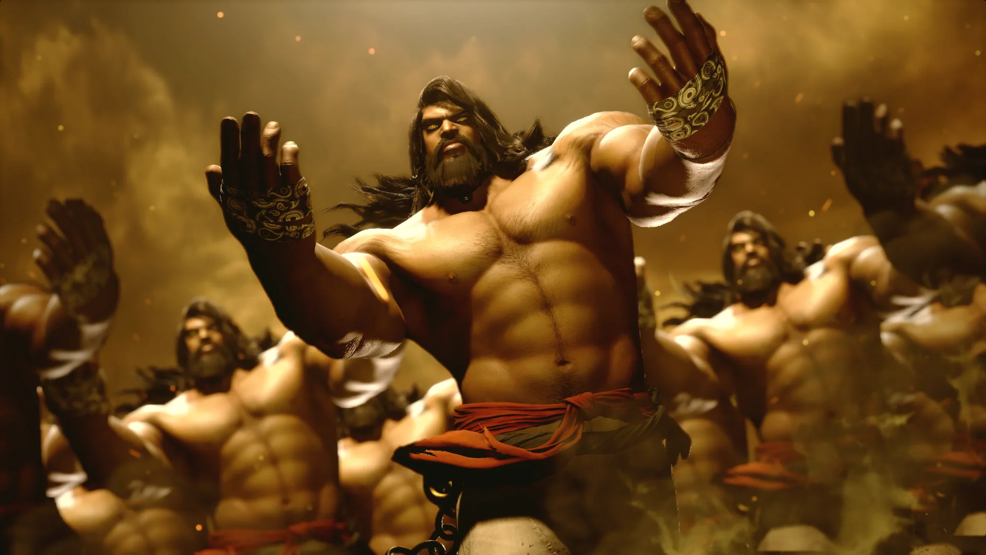 Arjun appears in several poses holding curved weapons with purple effects in Street Fighter 6.