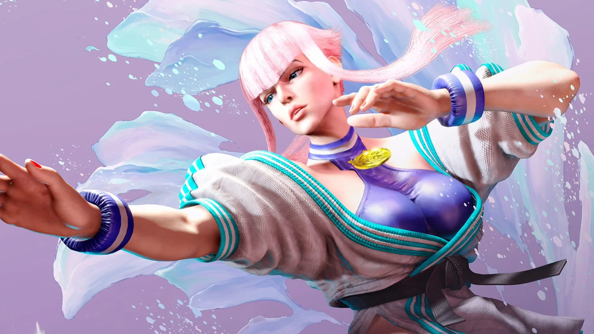 Pink-haired Street Fighter 6 character poses in martial arts attire against a pastel background.