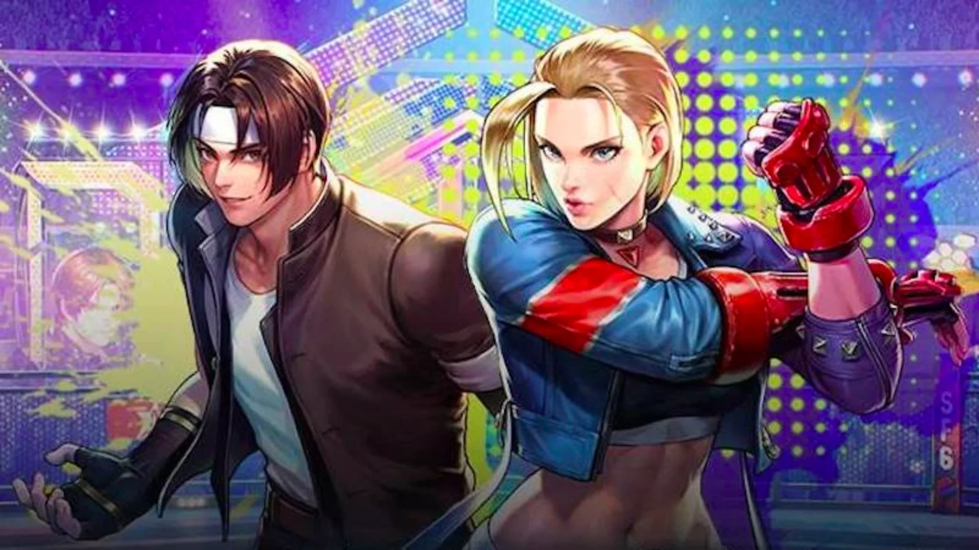 Two fighters pose together in colorful Street Fighter 6 promotional artwork with arena lights behind them.
