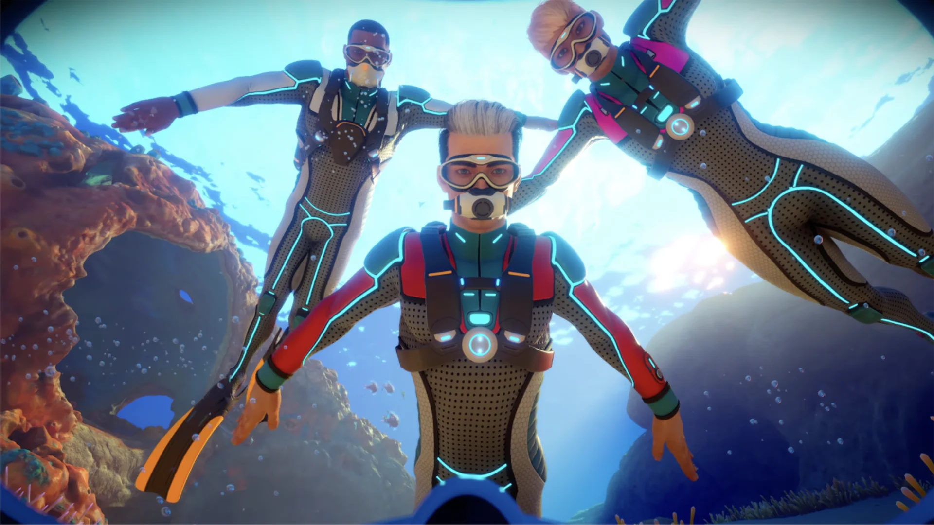 Three divers in neon-trimmed suits float underwater together in Subnautica 2.