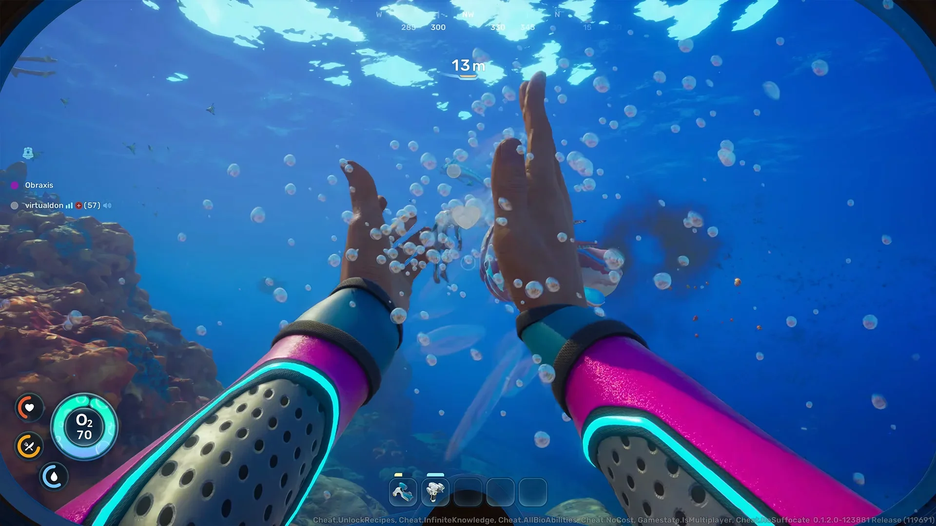 A first-person diver reaches toward teammates underwater as bubbles rise around them in Subnautica 2.