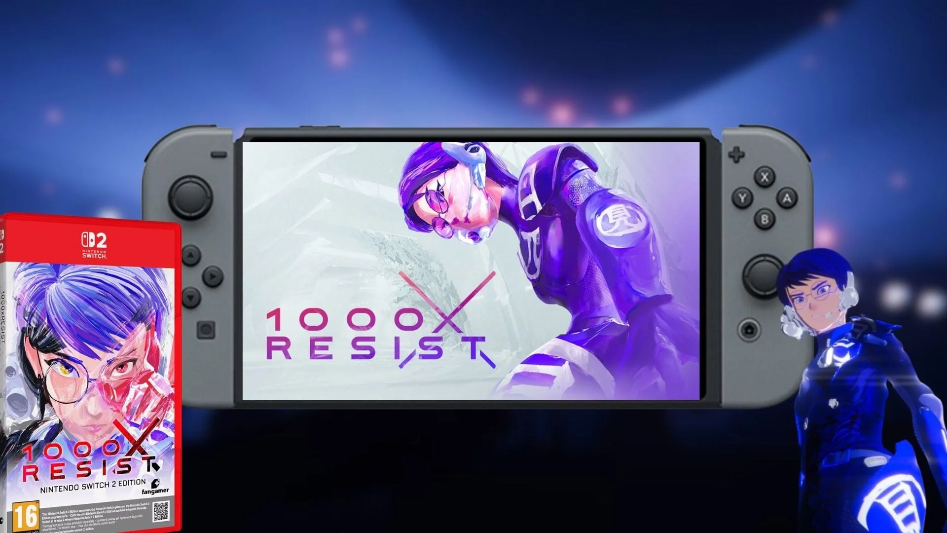 1000xRESIST shown on a Nintendo Switch 2 console beside the game box and a character in blue.