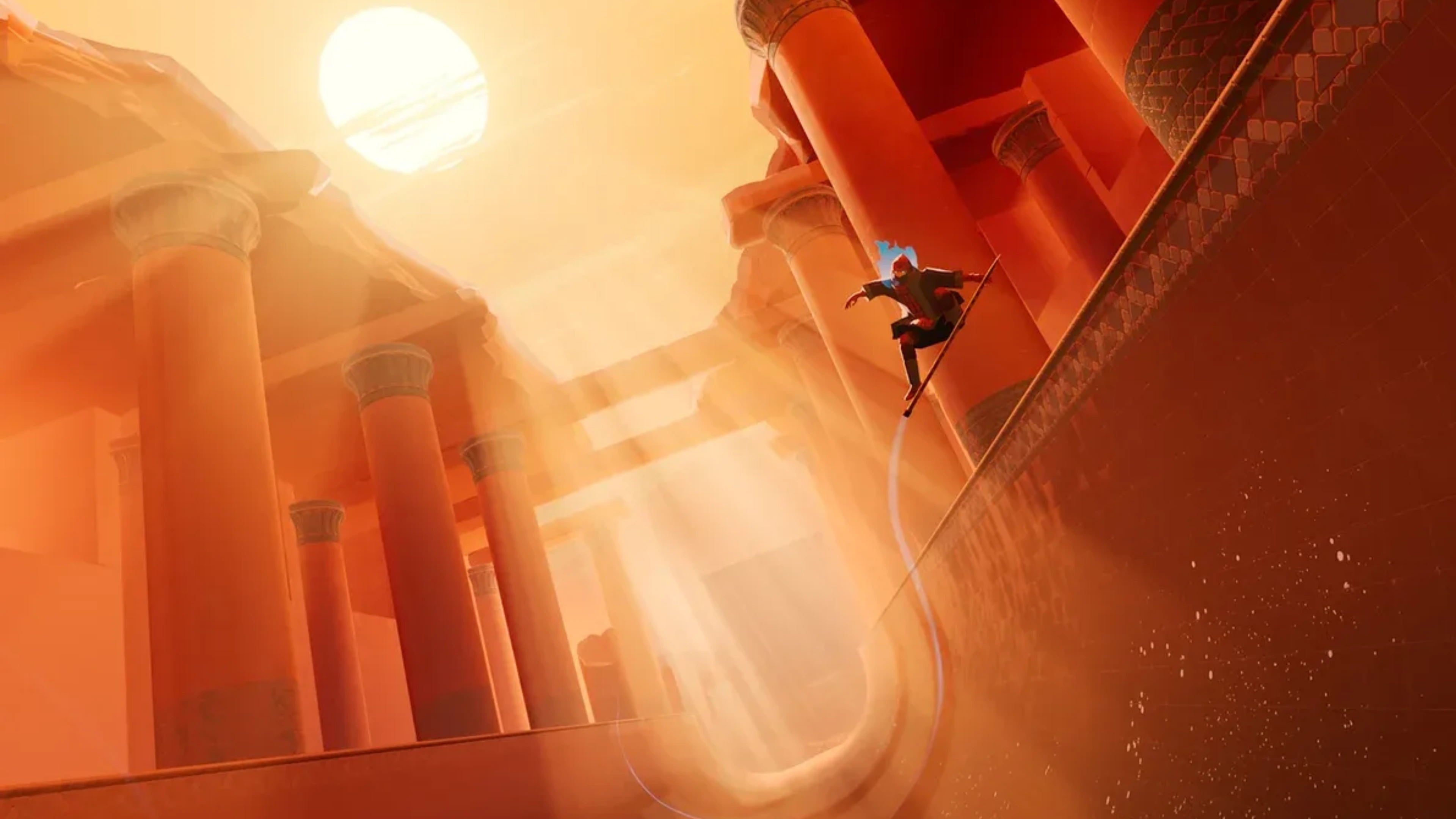 A hooded character rides a Hoversword along a steep orange sandstone wall surrounded by towering columns and a bright setting sun.