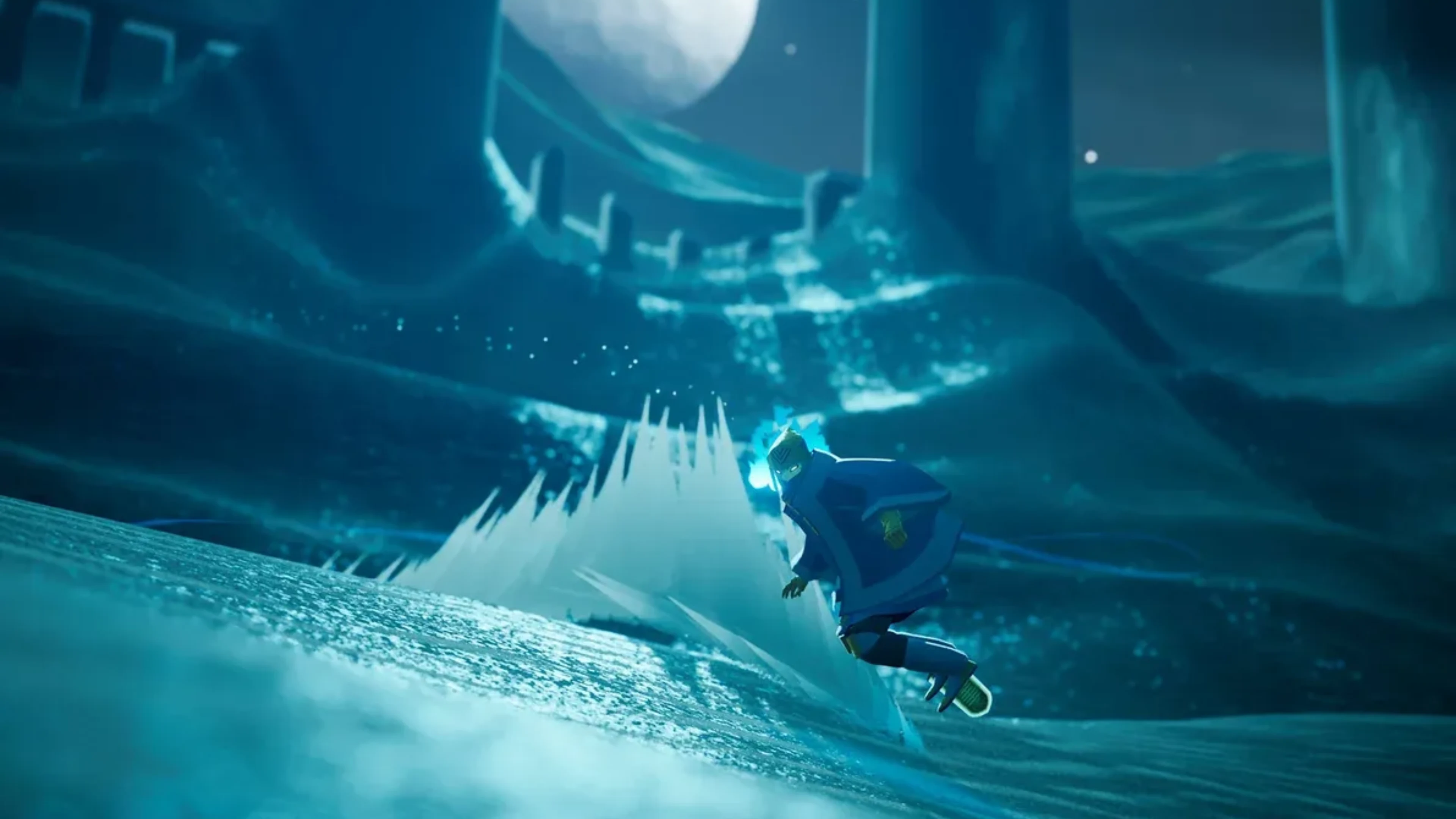 A hooded character rides a Hoversword across a glowing blue underwater landscape surrounded by submerged ruins and swirling water effects.