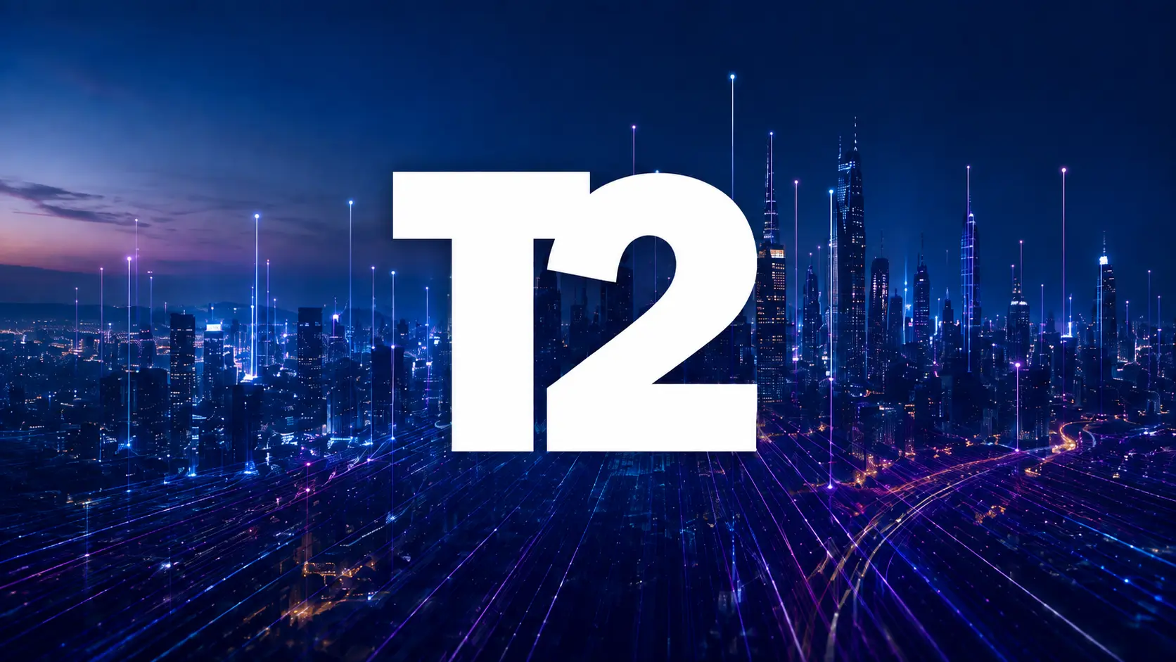 Take-Two logo displayed over a futuristic blue and purple city skyline with glowing digital light trails.