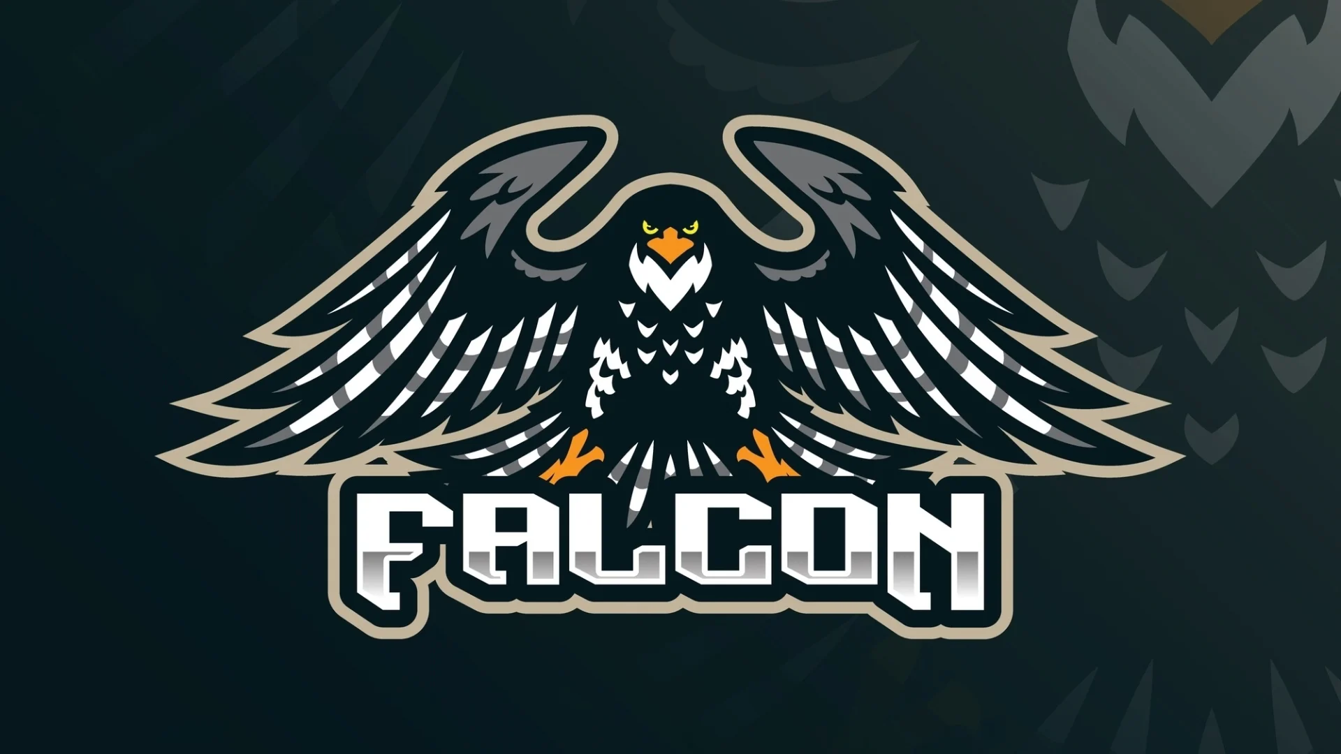 Team Falcons logo features a spread-winged falcon above the Falcons name on a dark background.