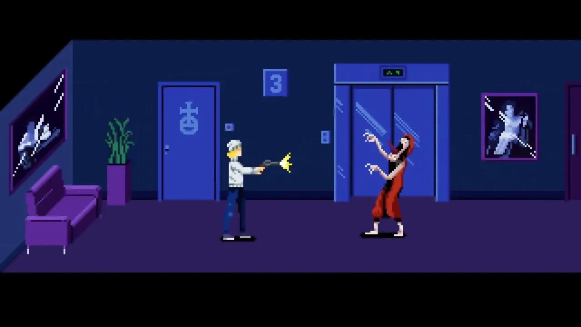Pixel-art character confronting a distorted figure near an elevator in Tenebris Somnia