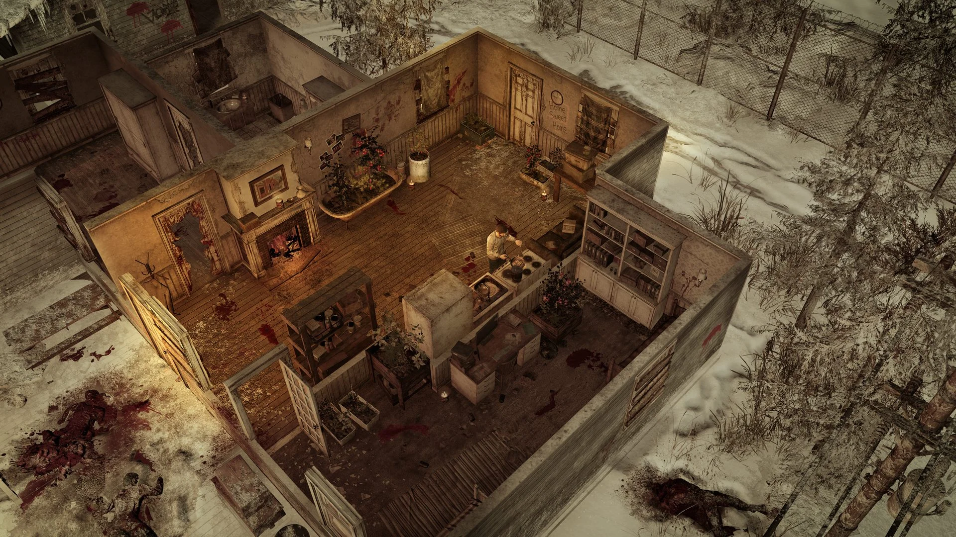 A survivor explores a bloodstained abandoned school room filled with benches in Terminus: Zombie Survivors 2.