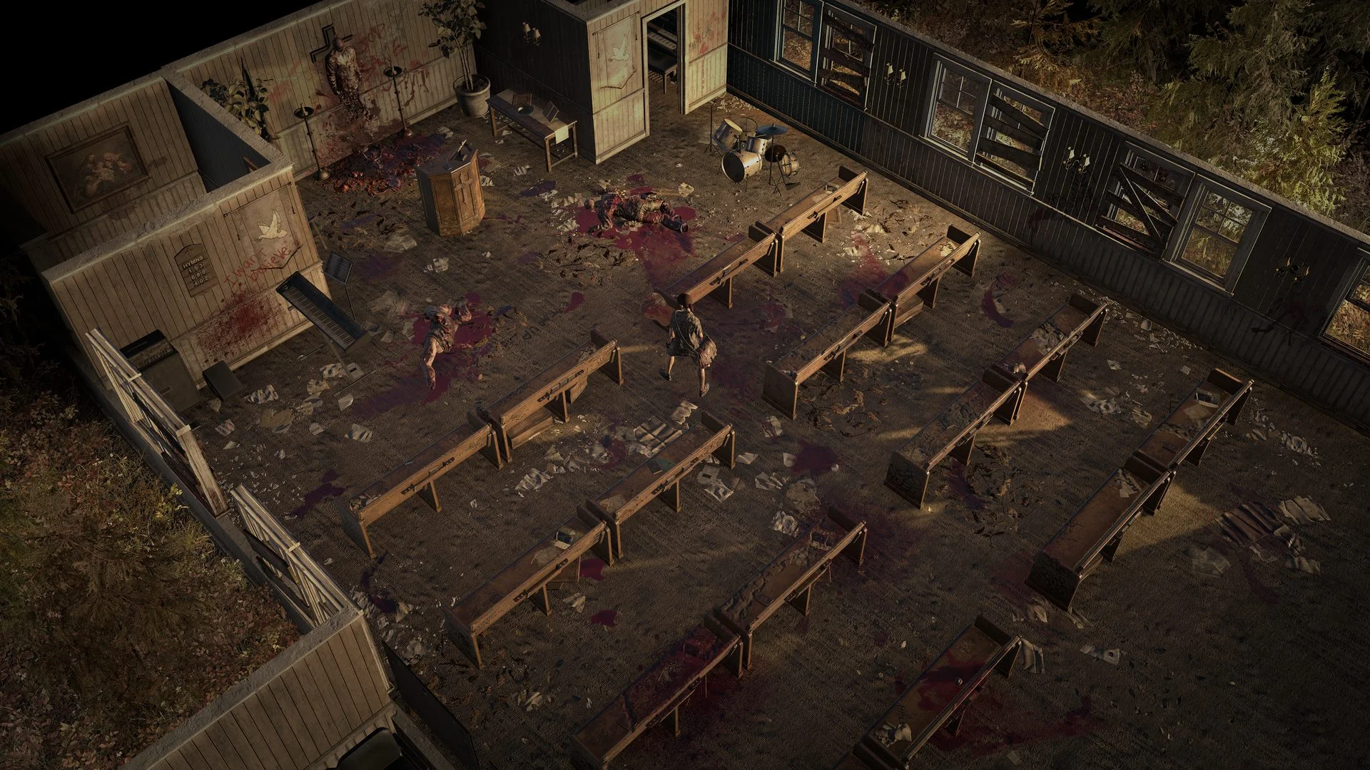 A survivor stands inside a damaged house surrounded by snow and dead zombies in Terminus: Zombie Survivors 2.