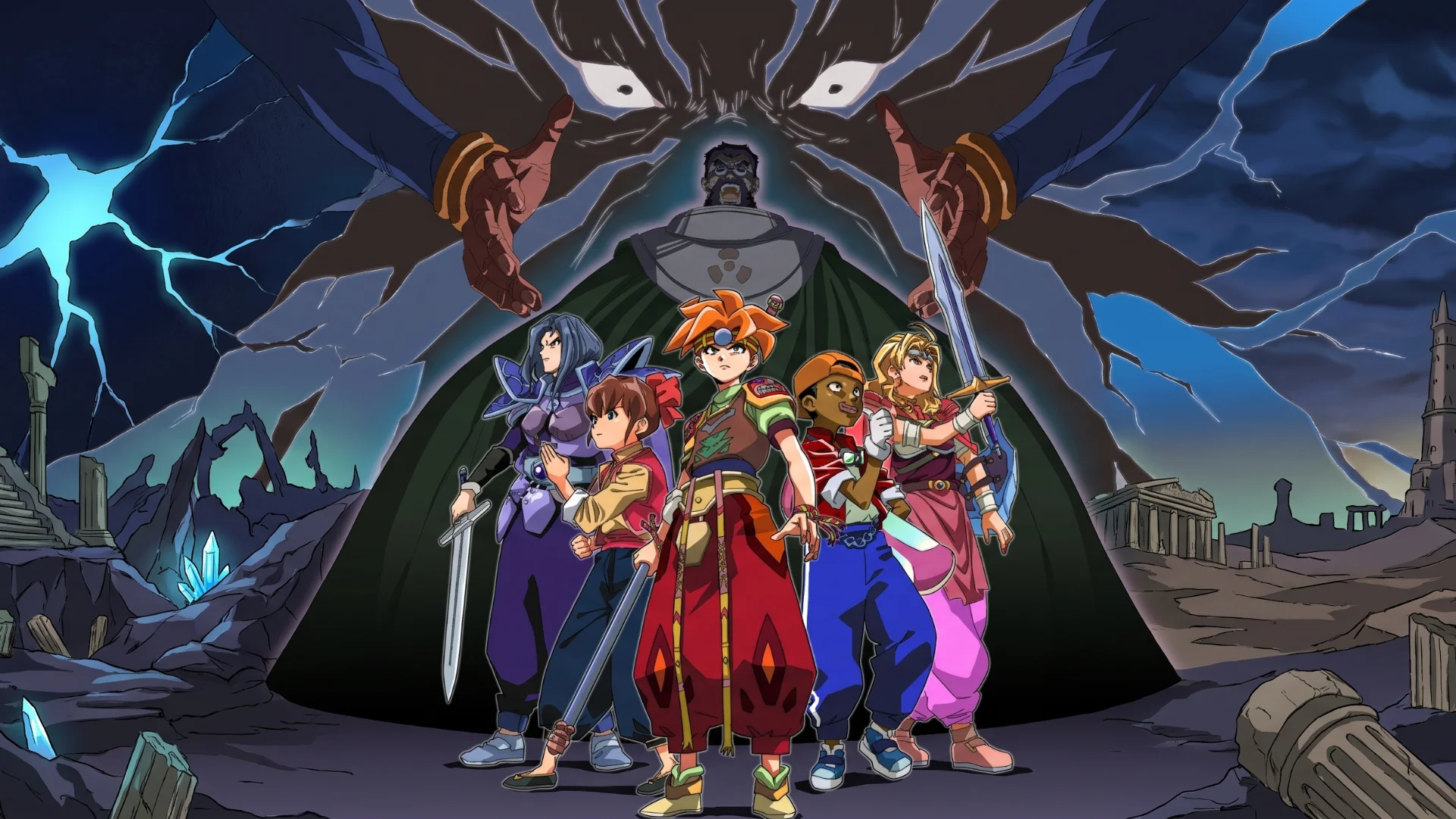 Ark and other Terranigma characters stand together beneath Dark Gaia in ruined fantasy surroundings.