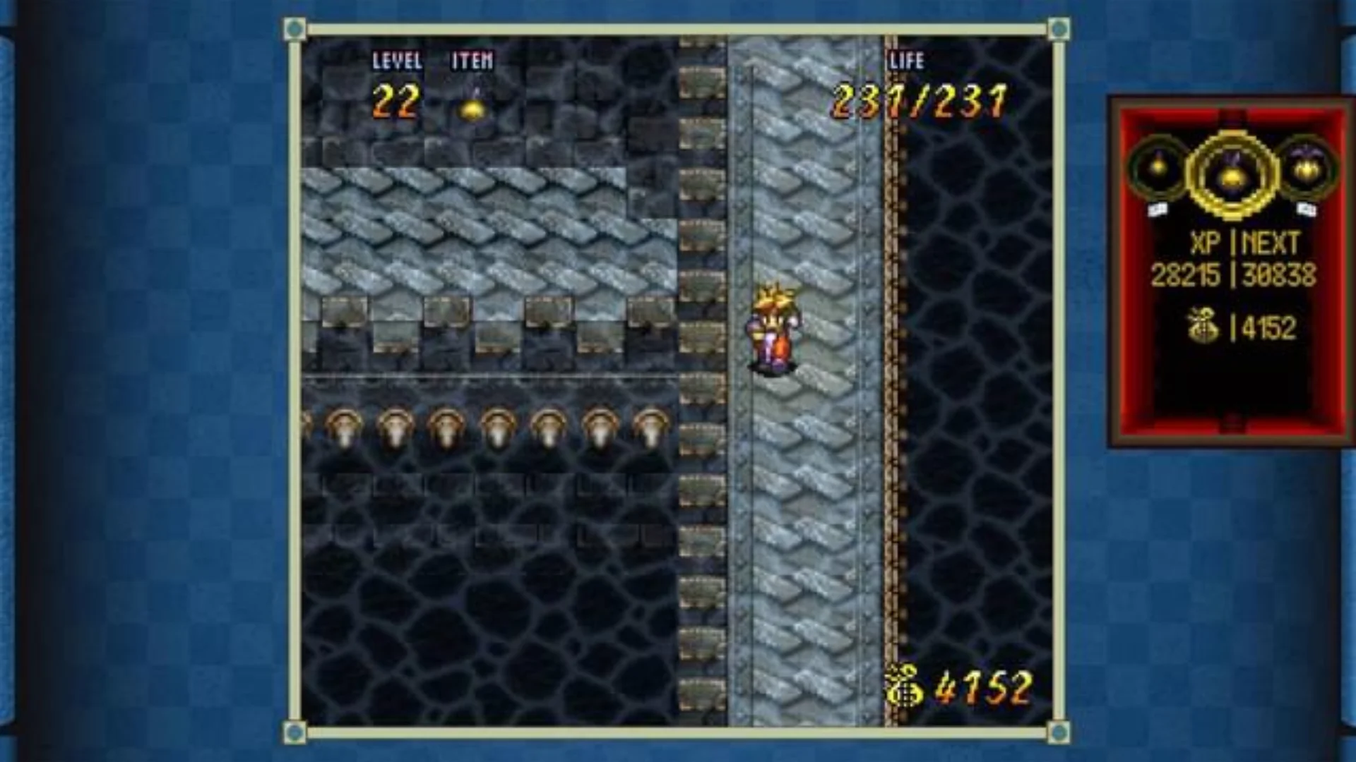 Ark explores a stone dungeon at level 22 in an original Terranigma gameplay screenshot.