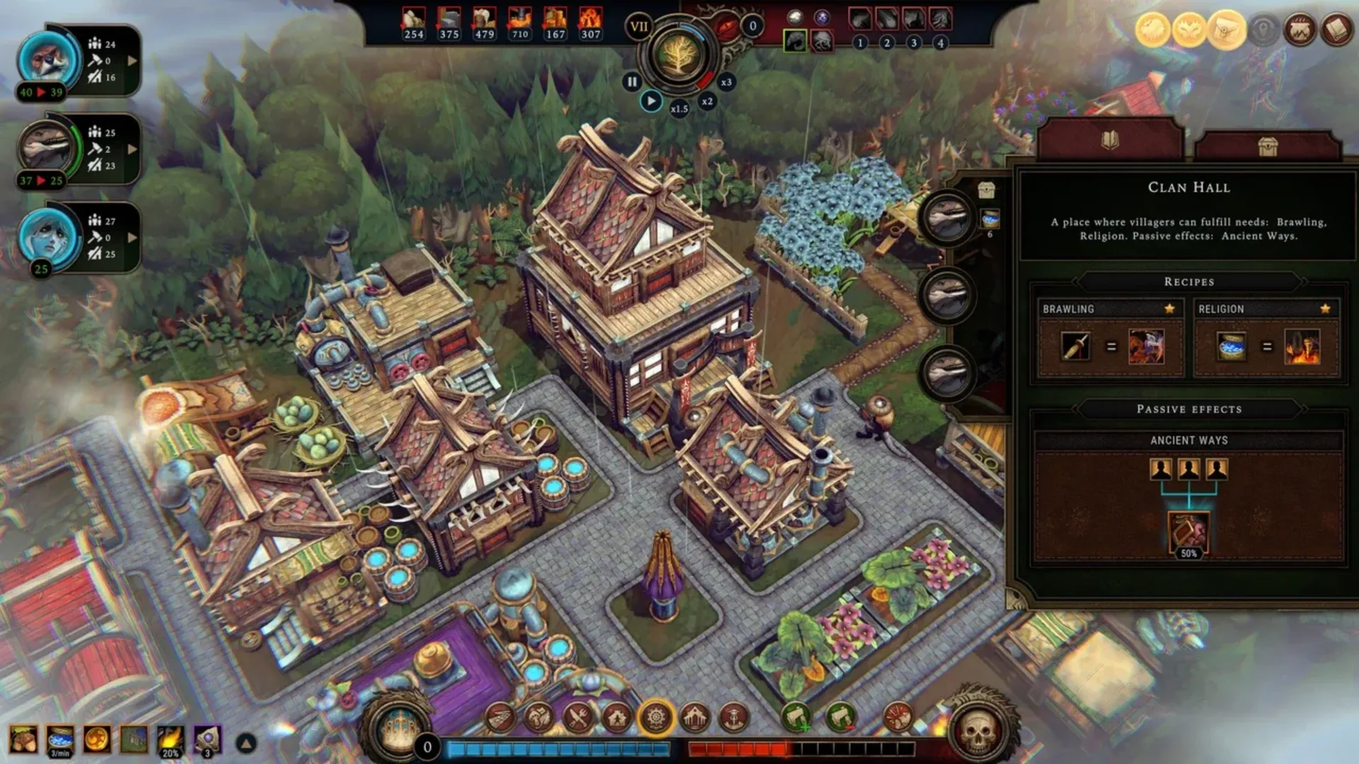 A developed settlement with production buildings and the Clan Hall interface open in Against the Storm.