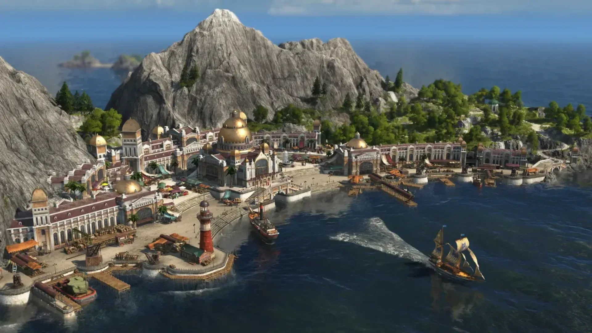 A sprawling industrial city and busy harbor filled with factories and ships in Anno 1800.