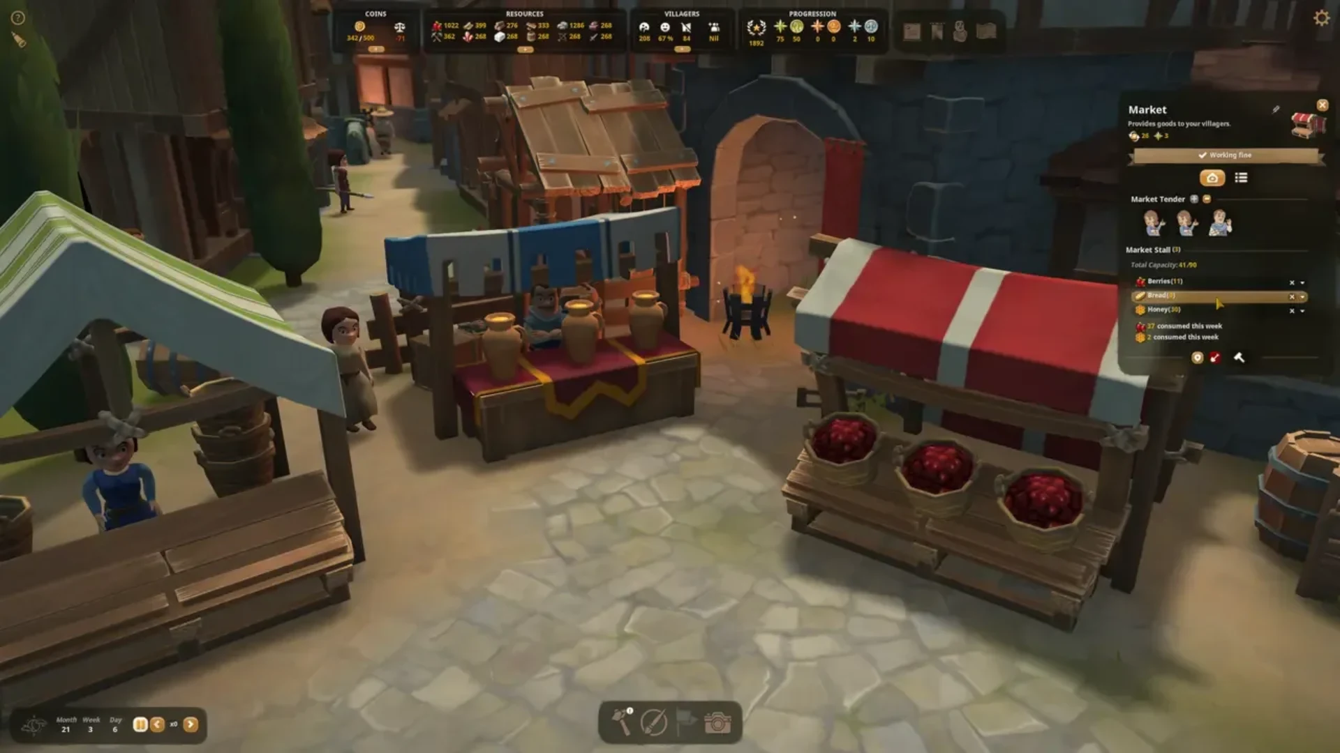 Villagers and market stalls inside a medieval settlement in Foundation.
