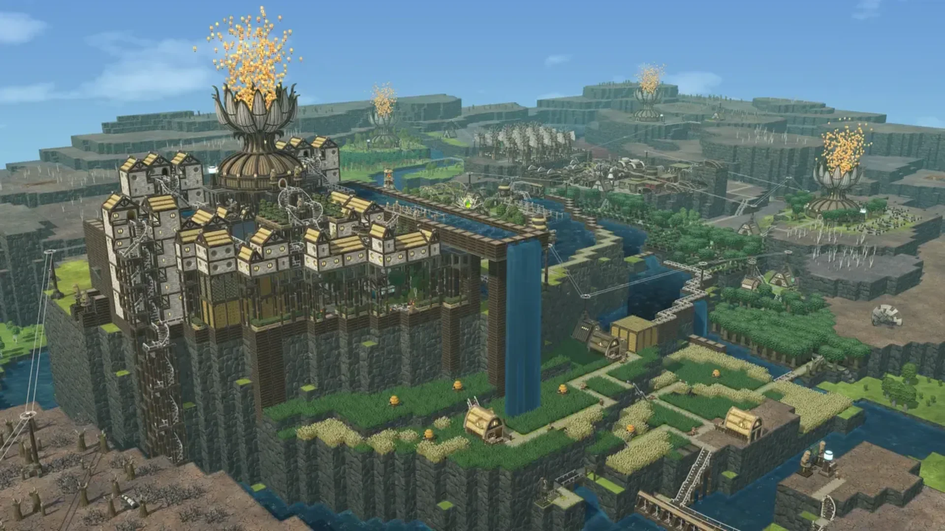 A sprawling Timberborn settlement with tall buildings, farms, waterways and elevated platforms
