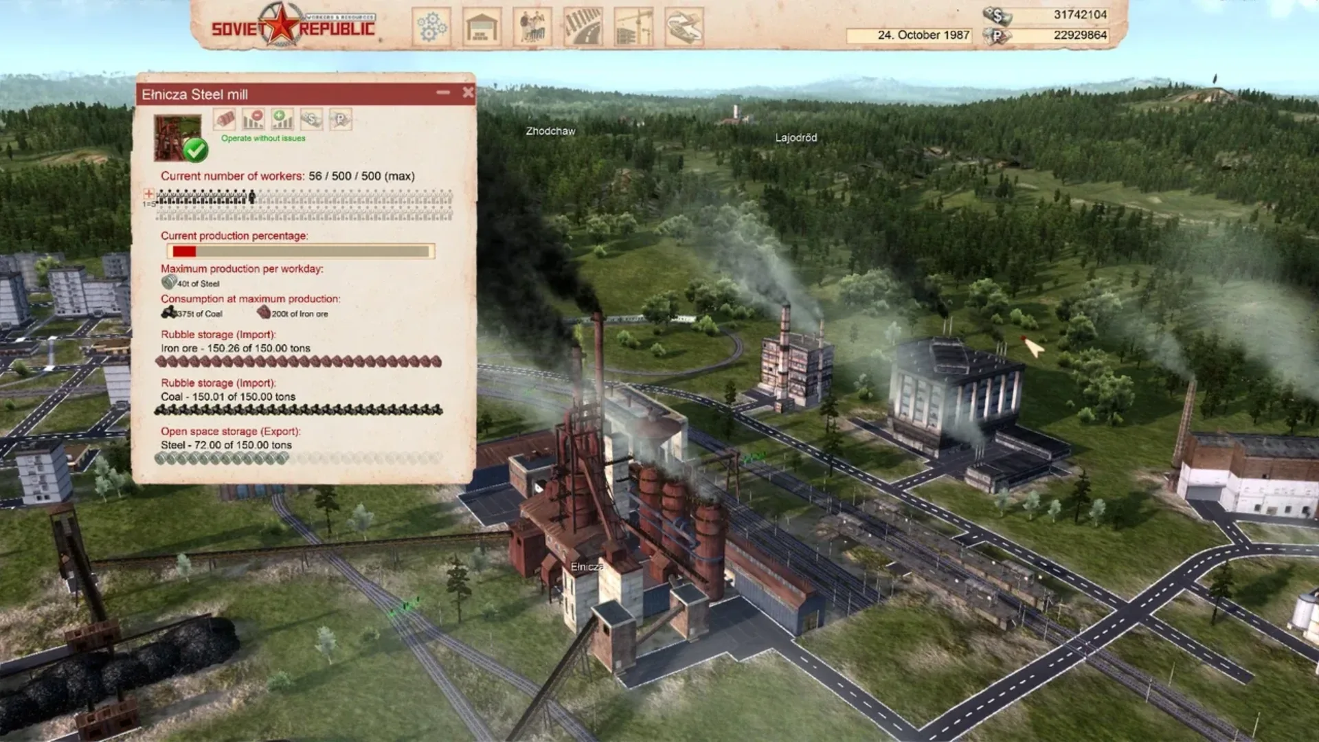 A steel mill and industrial district with production statistics open in Workers & Resources: Soviet Republic.