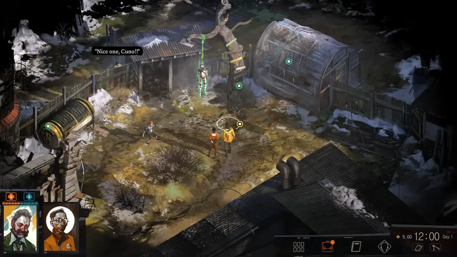 Disco Elysium characters investigate an outdoor crime scene near a hanging body.