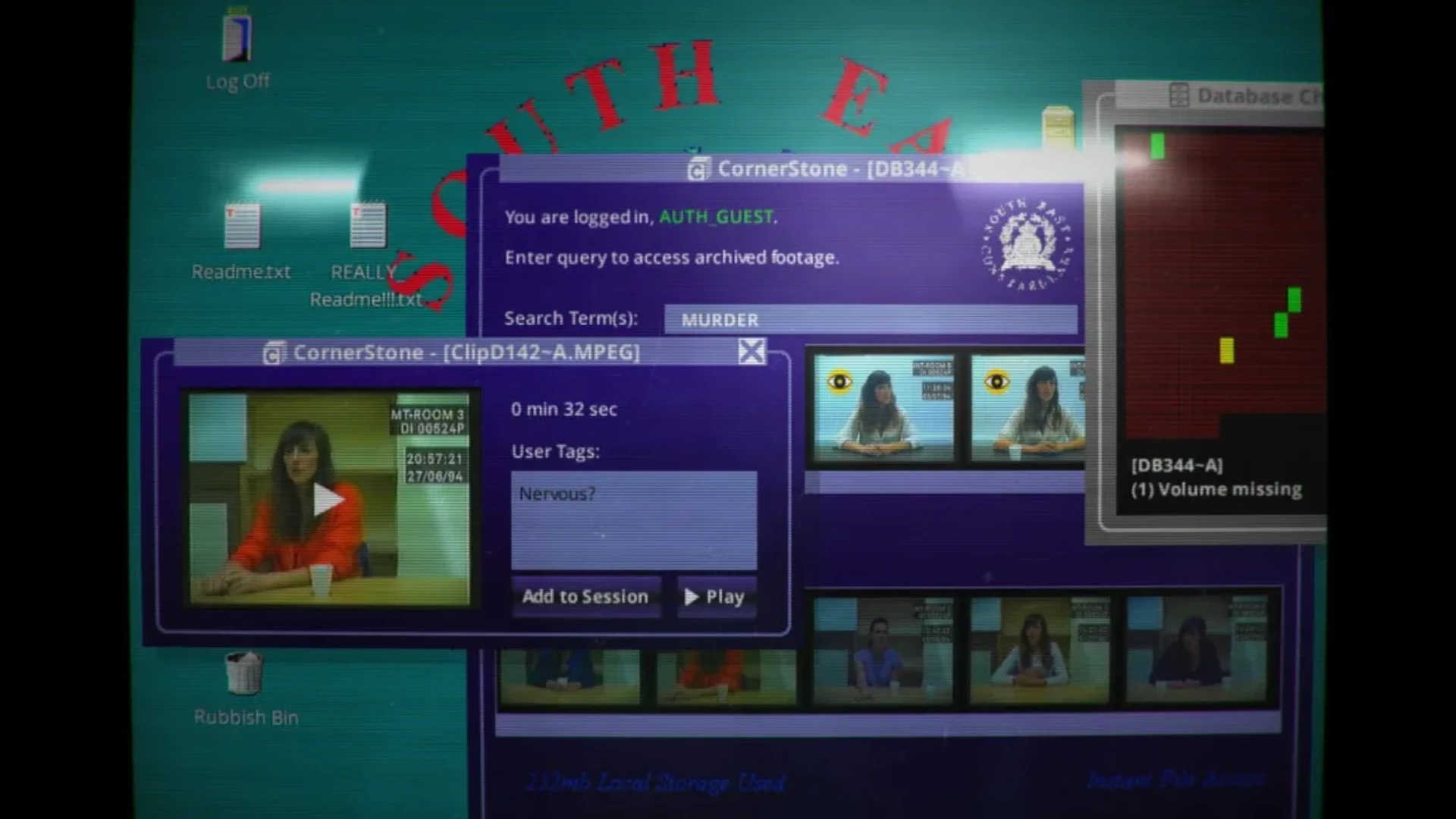 Her Story police database displaying archived interview footage for a murder search.