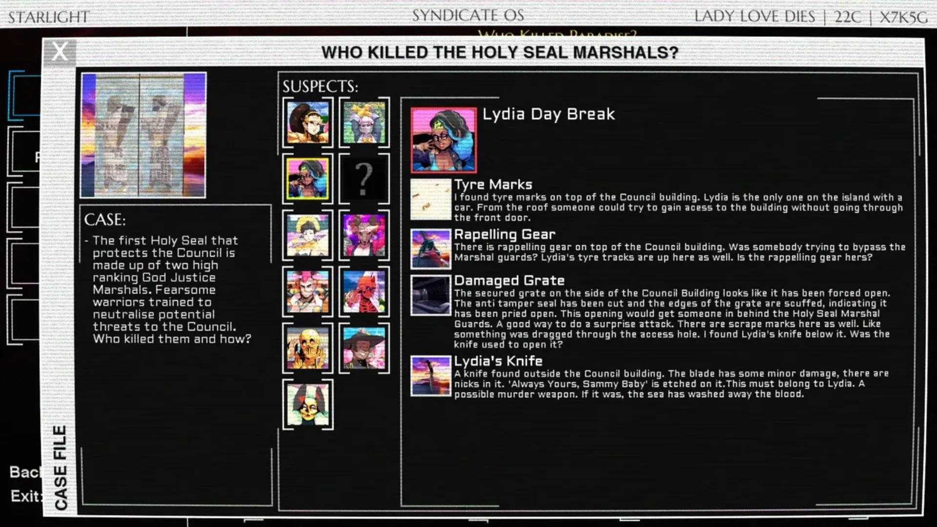 Paradise Killer case file lists suspects and evidence in the Holy Seal Marshals investigation.