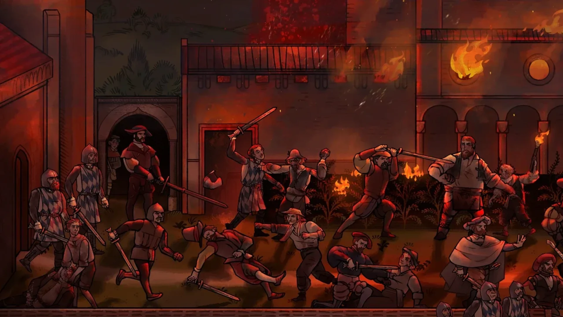 Pentiment characters fight amid flames during a violent historical conflict.
