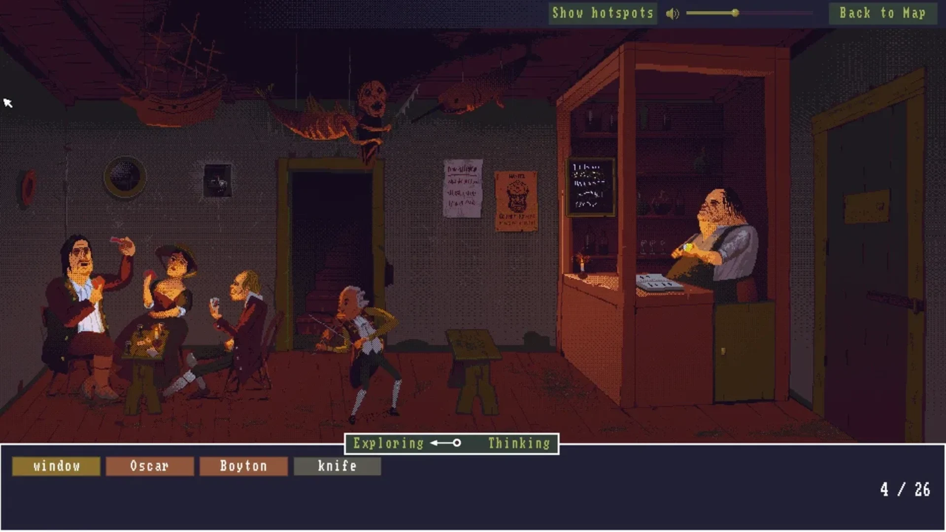 Characters and evidence are examined during a deduction scene in The Case of the Golden Idol.