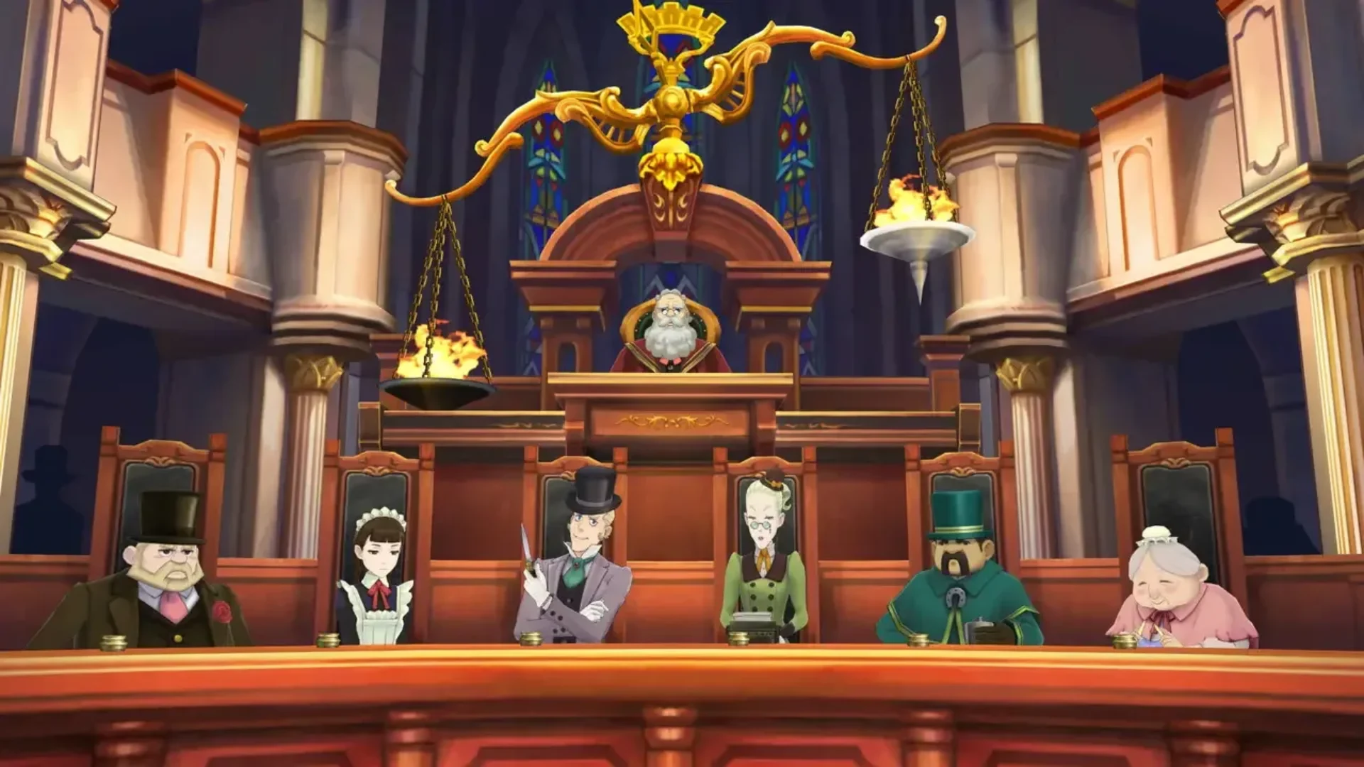Jurors sit beneath the scales of justice during a trial in The Great Ace Attorney Chronicles.