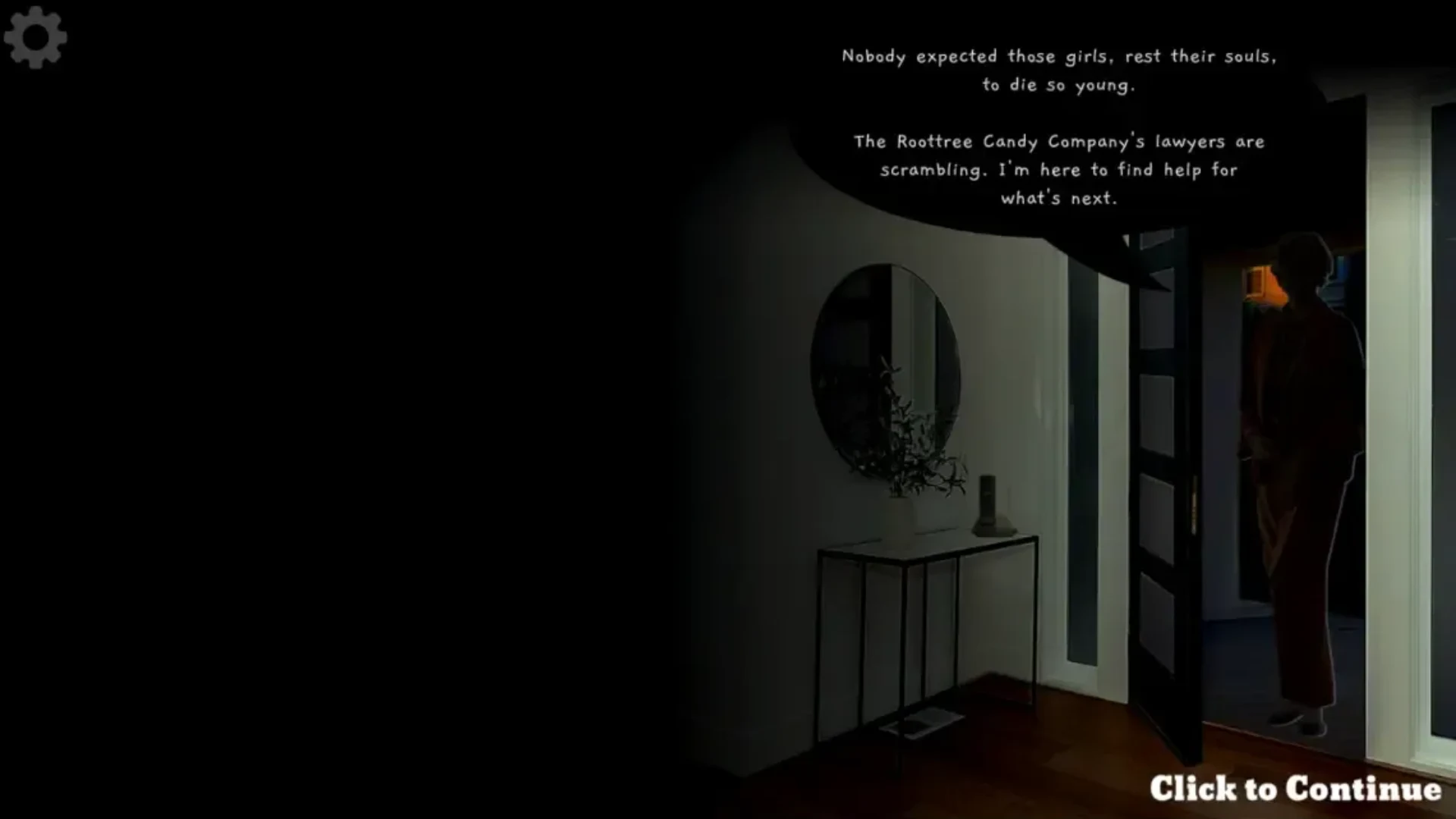 A dark dialogue scene from The Roottrees Are Dead shows a character standing in a doorway.