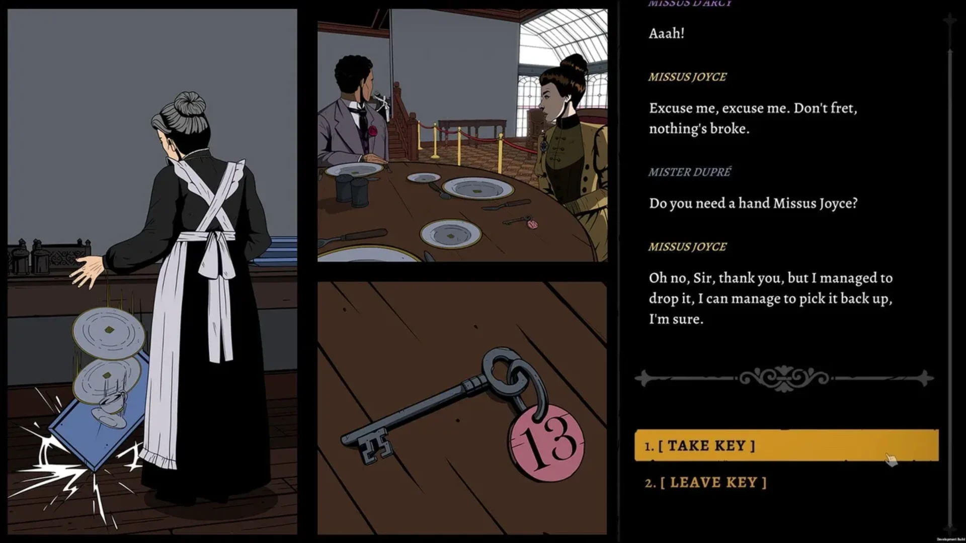 A maid drops dishes beside a numbered key during an investigation in The Séance of Blake Manor.