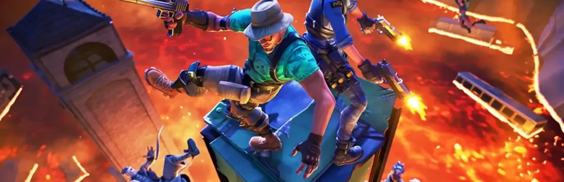 Fortnite players leap and fire weapons above a fiery battlefield during an action-packed match.