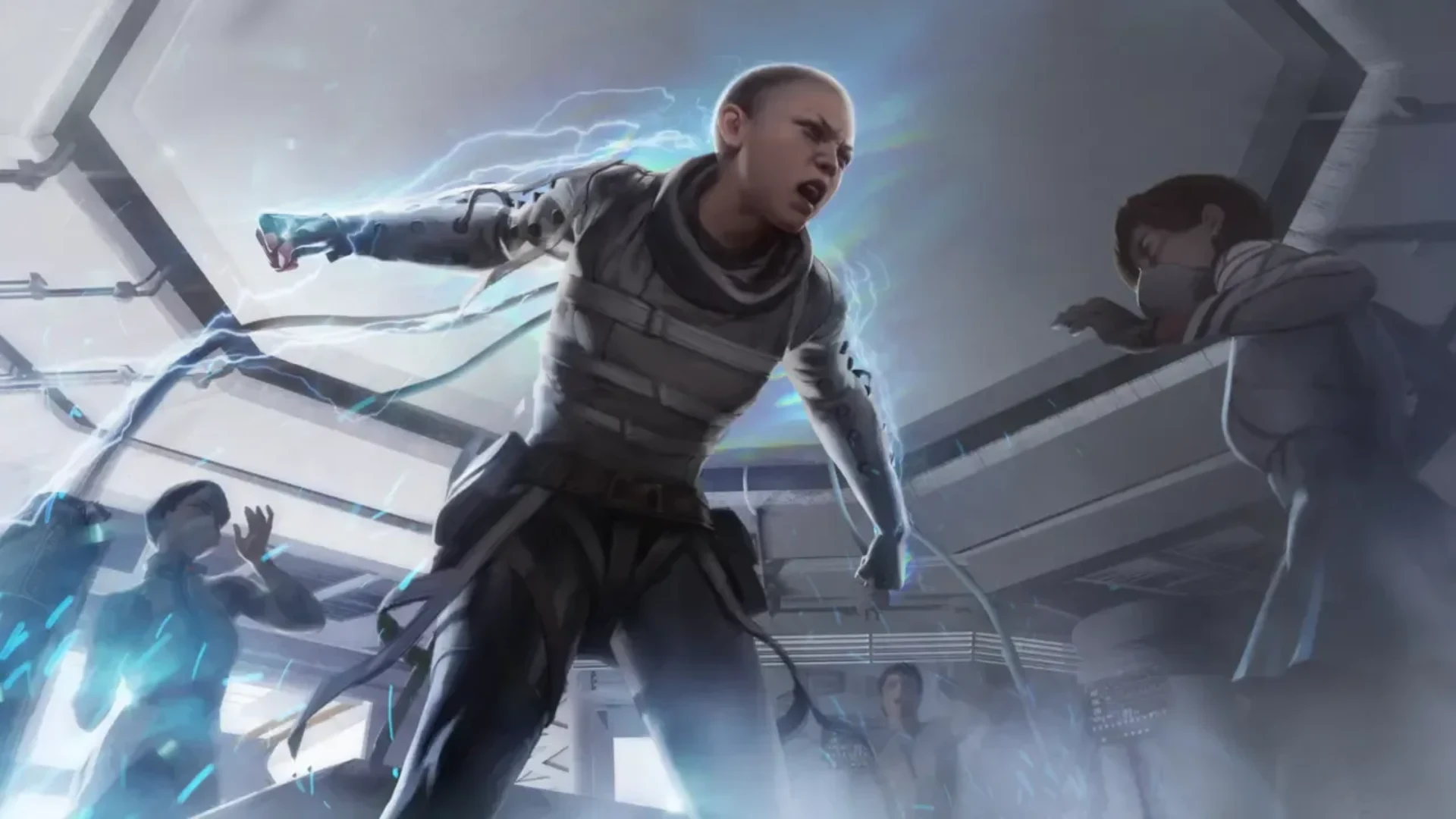 Apex Legends character surrounded by blue electrical energy inside a futuristic facility