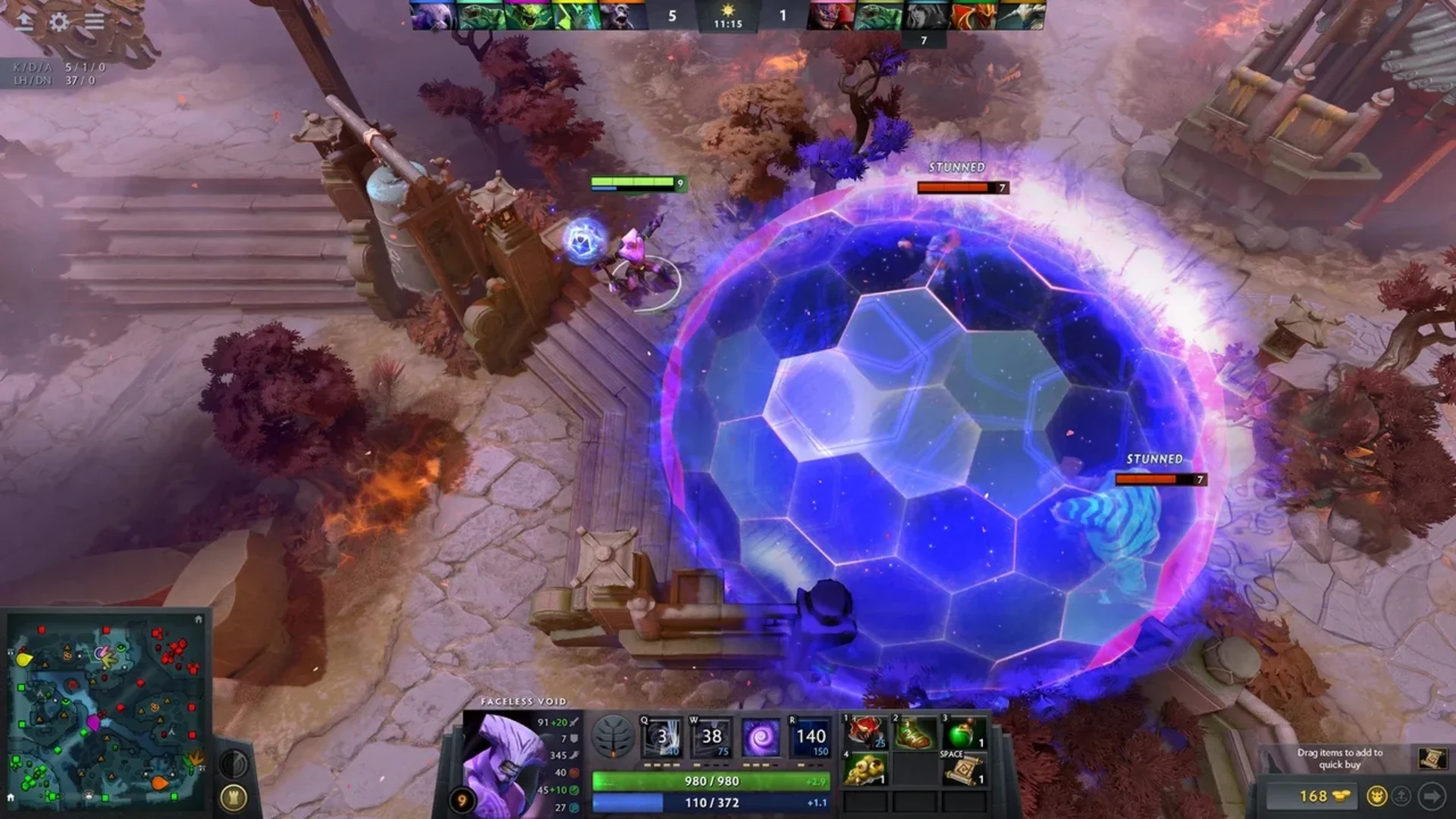 Faceless Void traps enemy heroes inside a glowing Chronosphere during a Dota 2 match