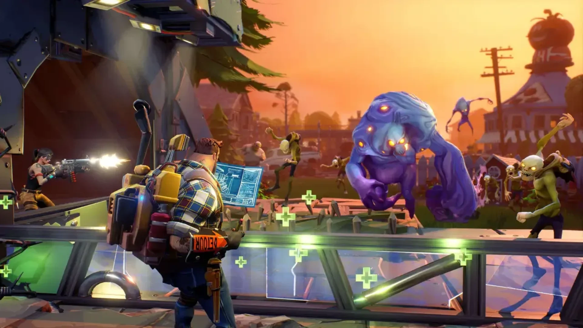 Fortnite players defend a base against monsters and a large purple creature at sunset