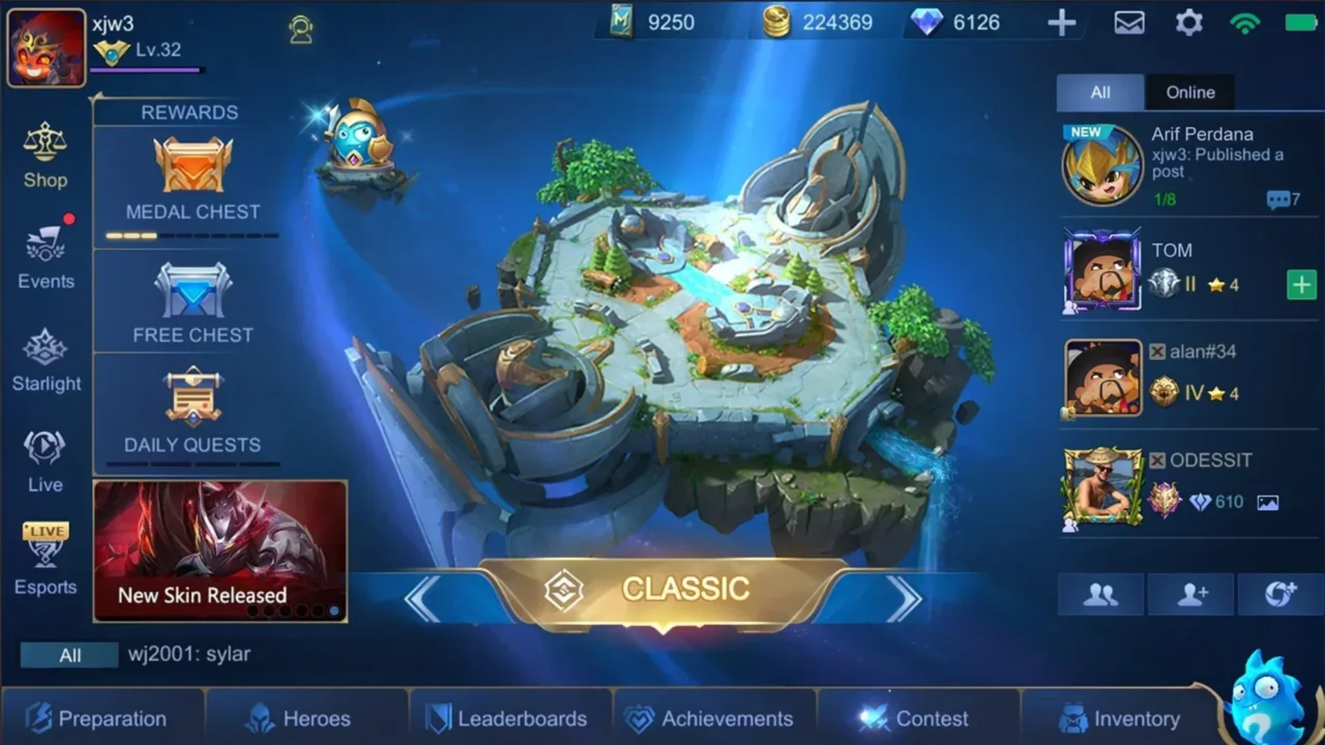 Mobile Legends Bang Bang main lobby showing Classic mode, rewards, friends, and navigation menus