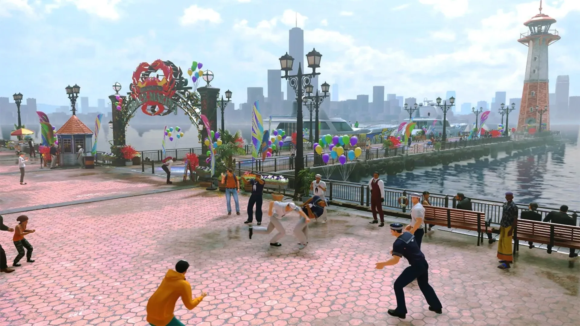 Street Fighter 6 characters fight beside a decorated waterfront promenade in World Tour mode