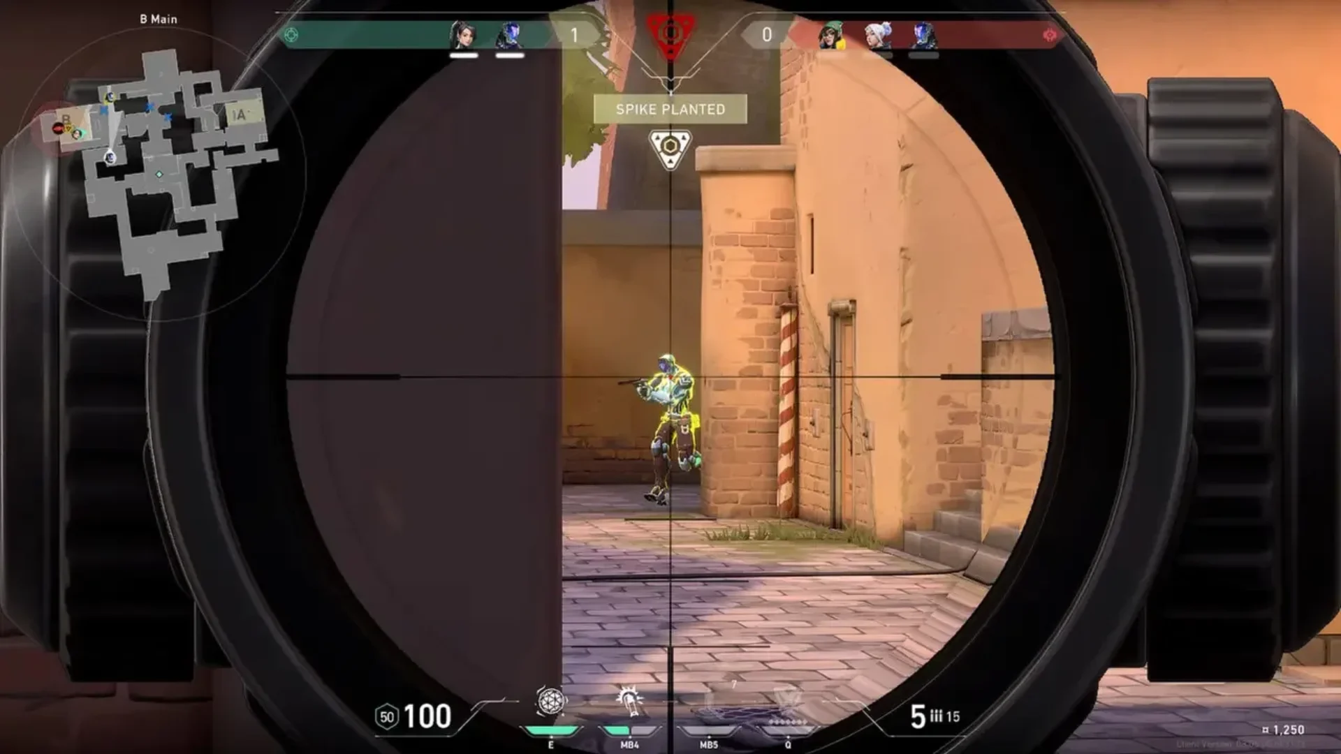 Valorant player aims an Operator sniper rifle at an enemy after the Spike has been planted