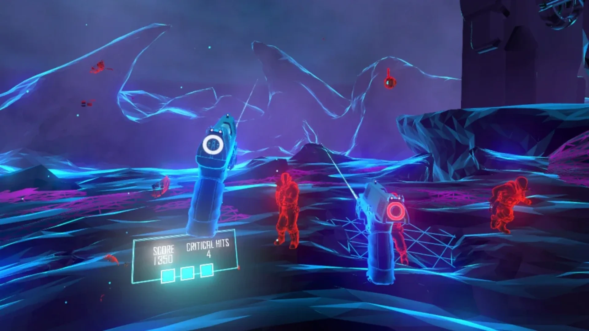 Deadlock combat scene with dual weapons and highlighted enemies in a neon environment