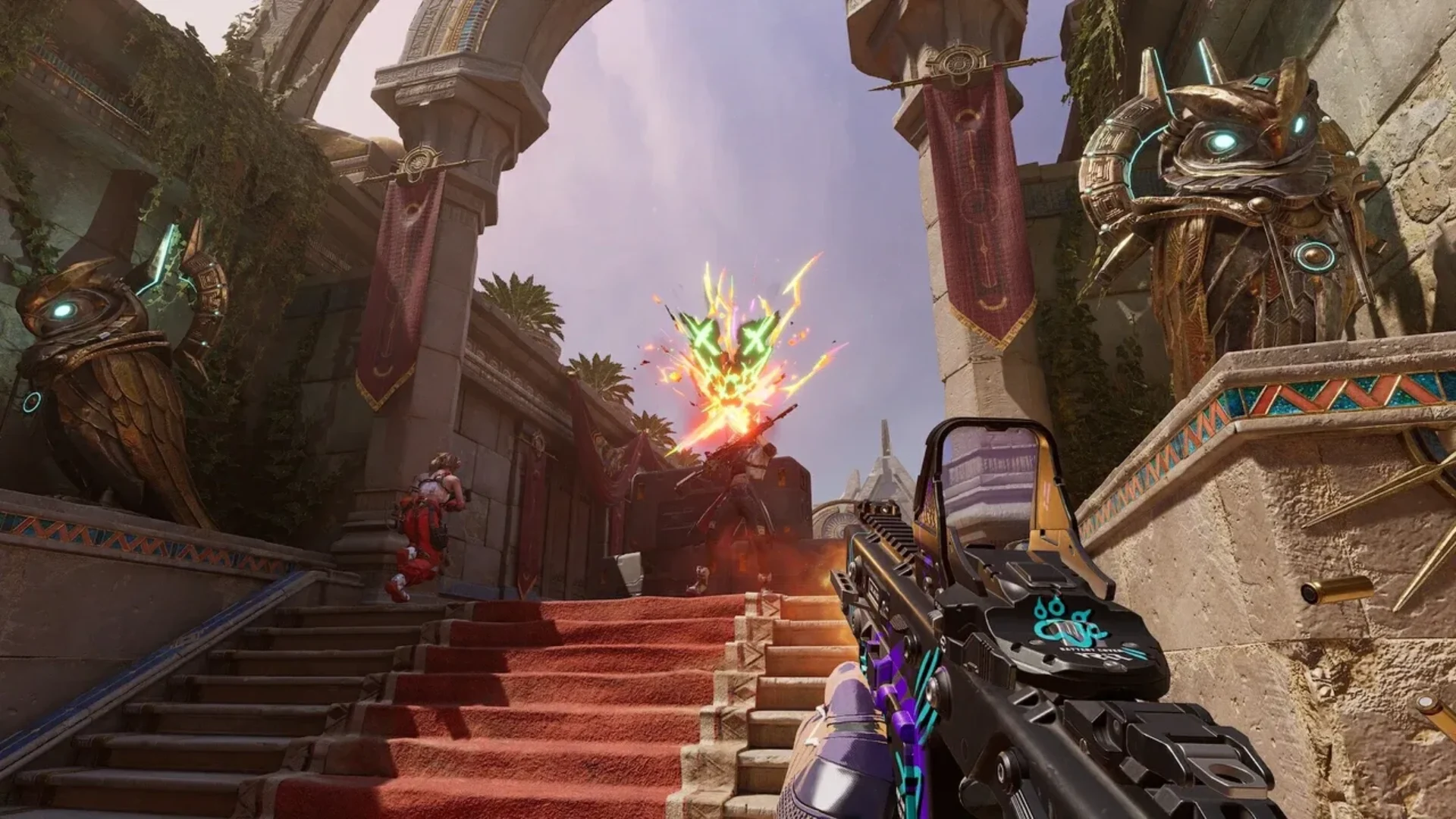 FragPunk player firing a rifle during a firefight in an ornate combat arena