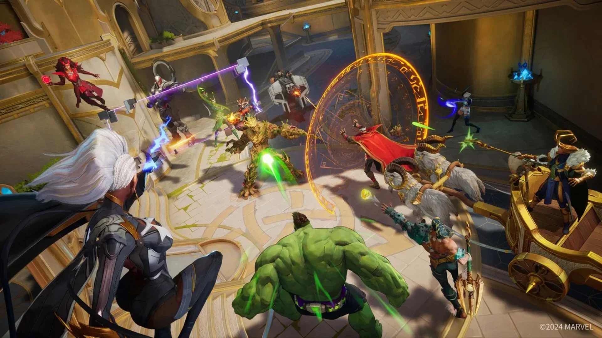 Marvel Rivals heroes including Storm and Hulk fighting during a large team battle