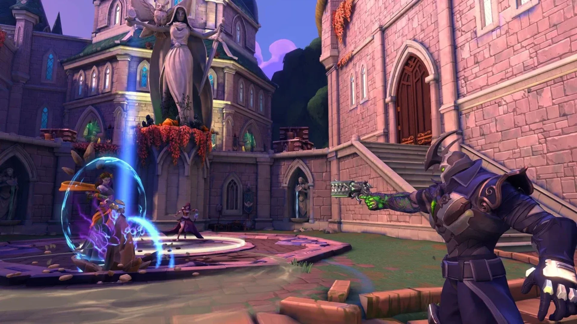 Paladins champions using weapons and abilities during a battle in a stone courtyard