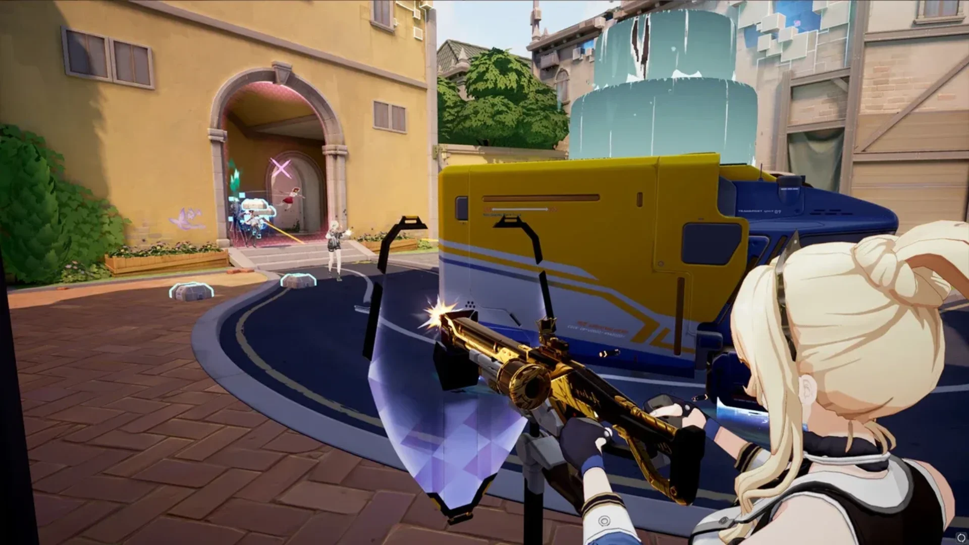 Strinova character firing from cover during a colorful third-person tactical battle